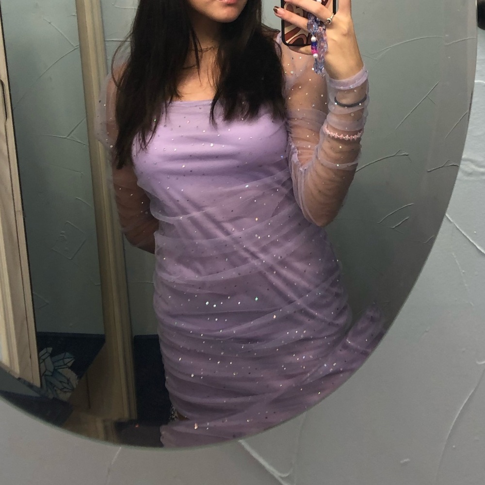 purple tulle sparkling hoco dress